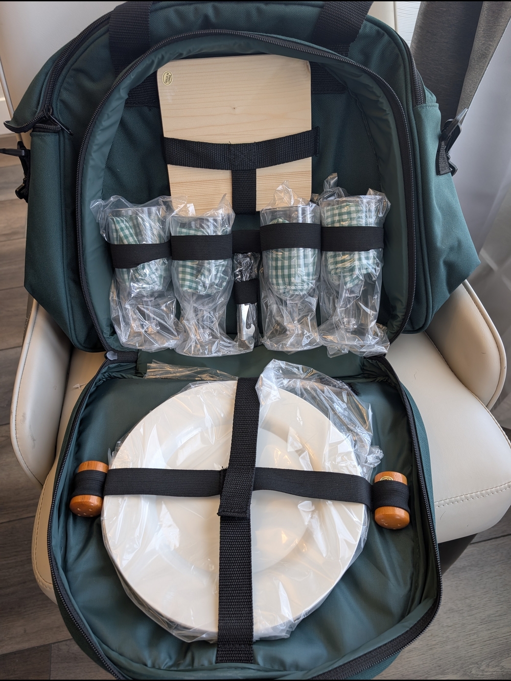 Picnic at Ascot Dinner Set for 4 in Dark Green Tote - Portable Home Dining Kit